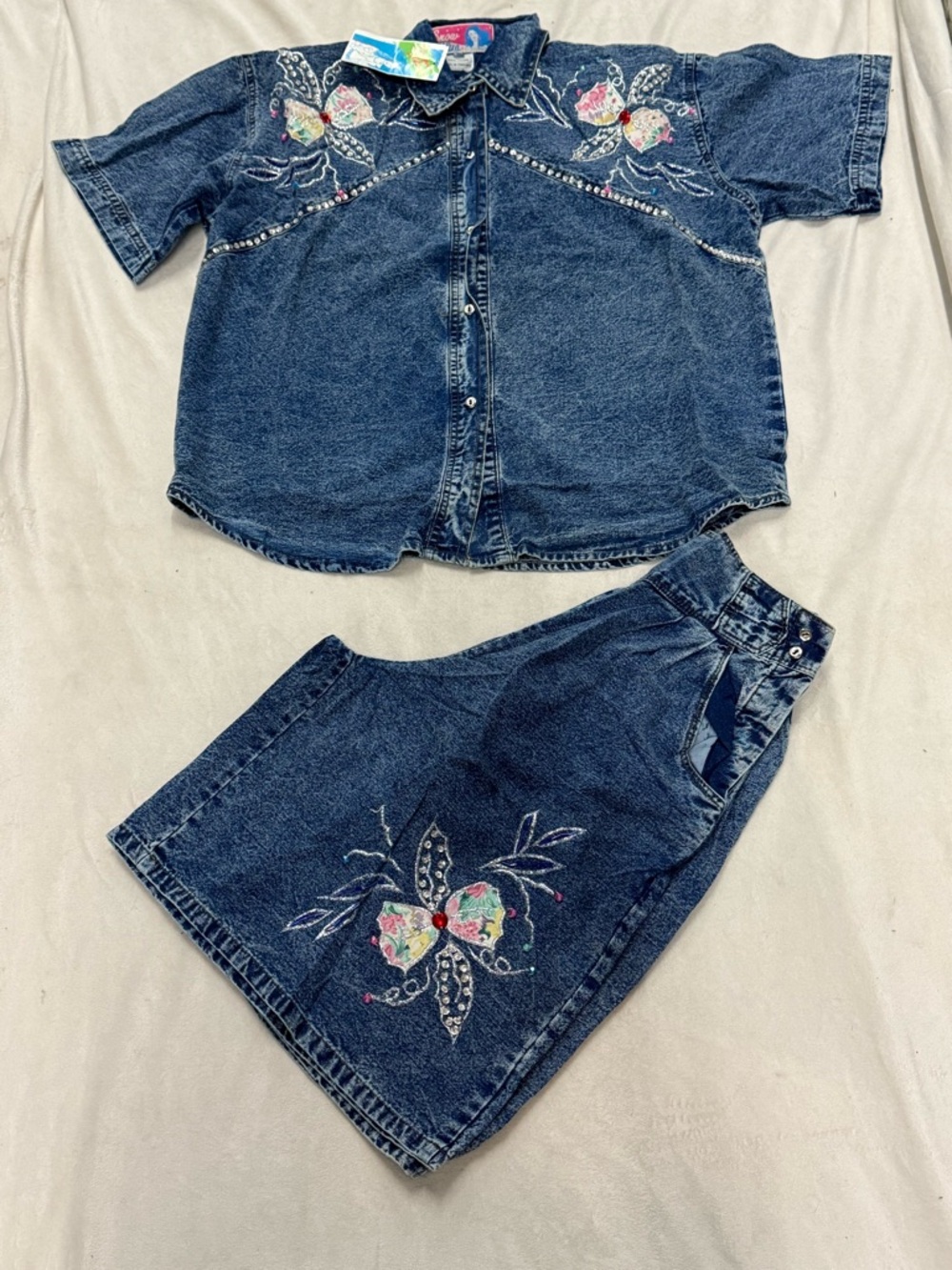 Embroidered Butterfly Denim Shirt & shorts Set - Blue 100% cotton
